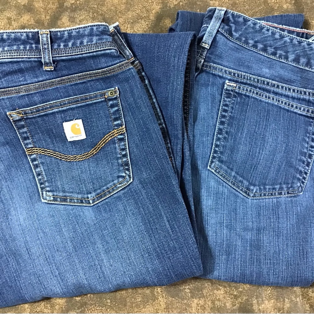 Pair of ladies blue jeans size 12 tall, Eddie Bauer & Carhartt